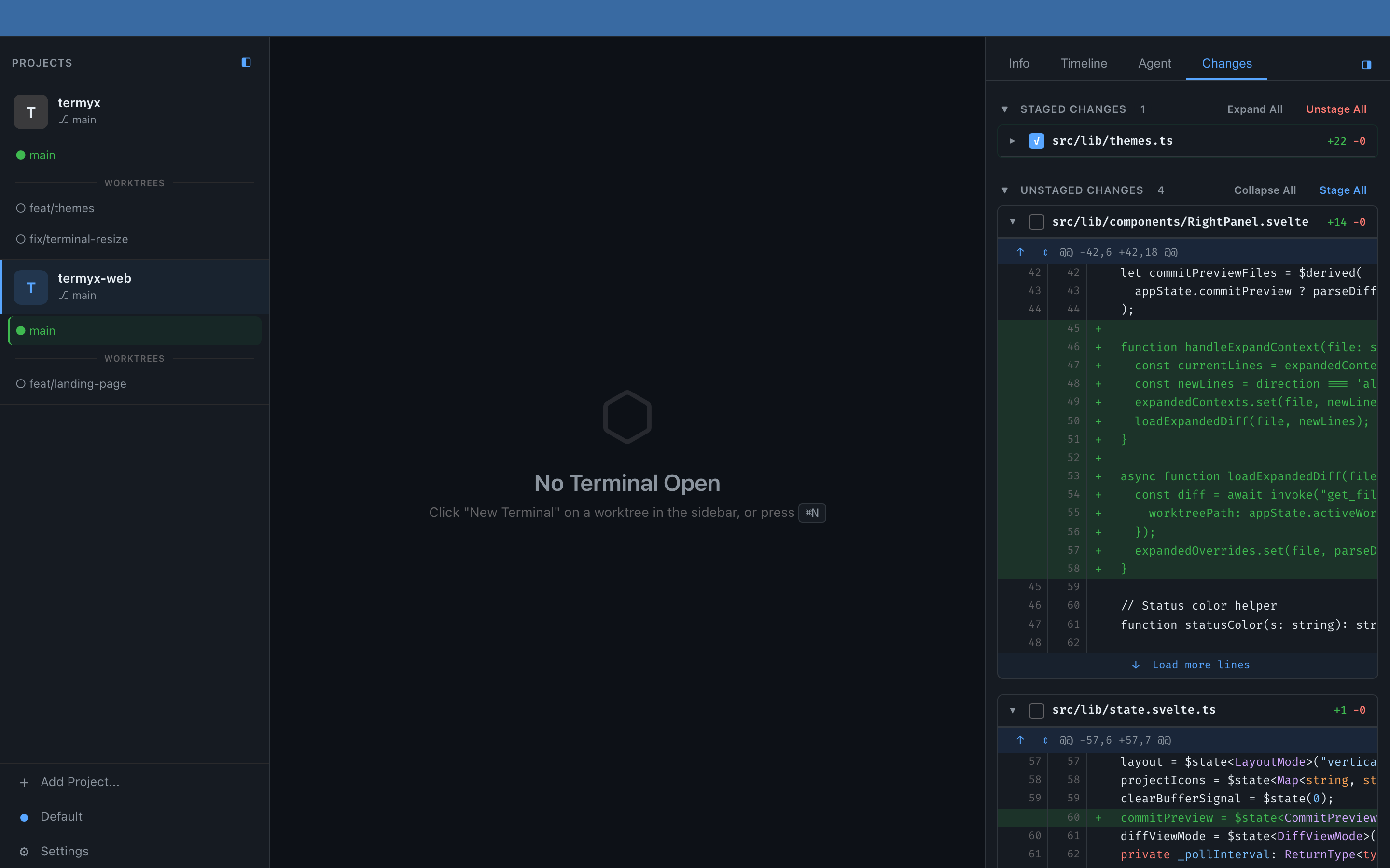 Termyx — Three-panel workspace with project sidebar, embedded terminal, and live changes panel