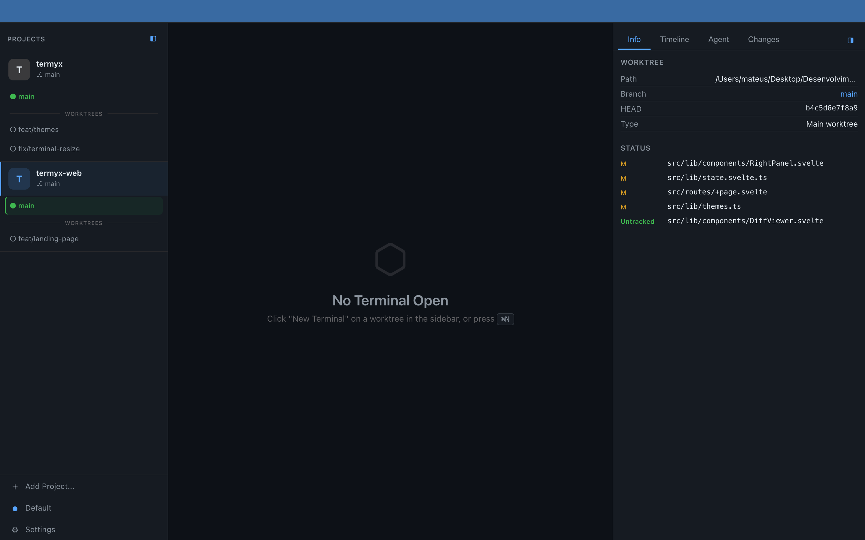 Termyx info panel — view worktree path, branch, HEAD hash, and file status