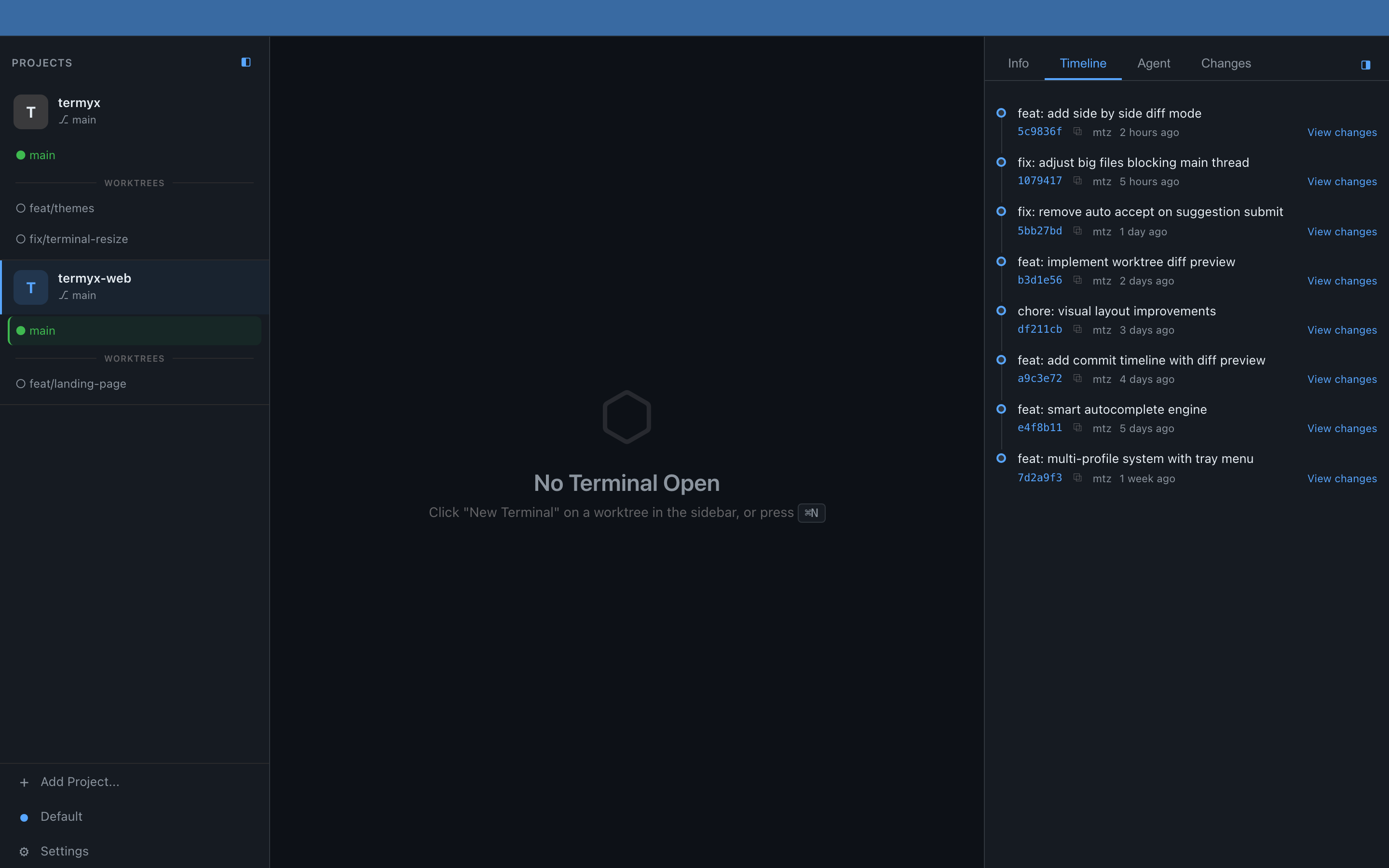 Termyx timeline panel — full commit history with hashes, authors, and timestamps