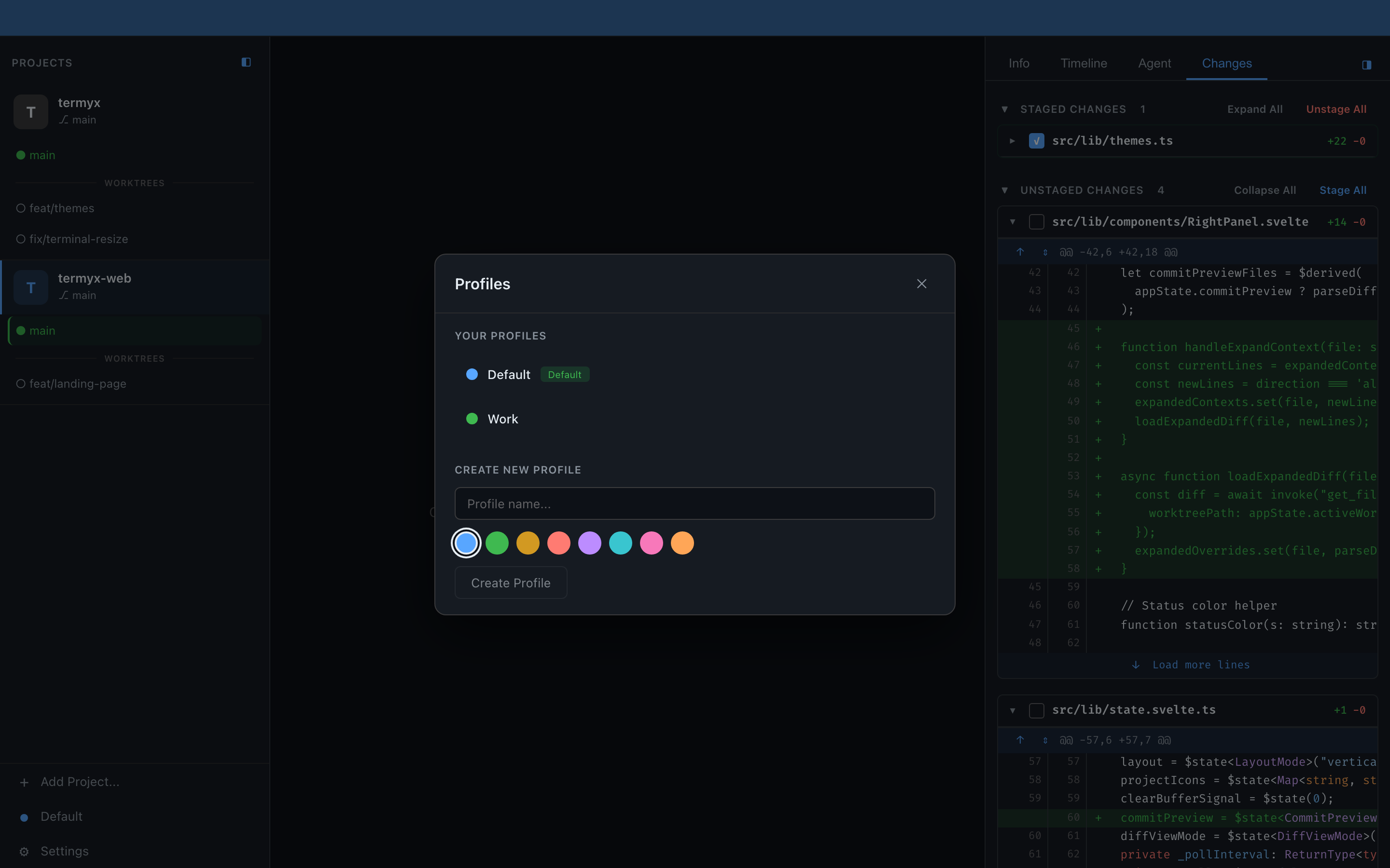 Termyx profile manager — create workspaces with custom names and colors
